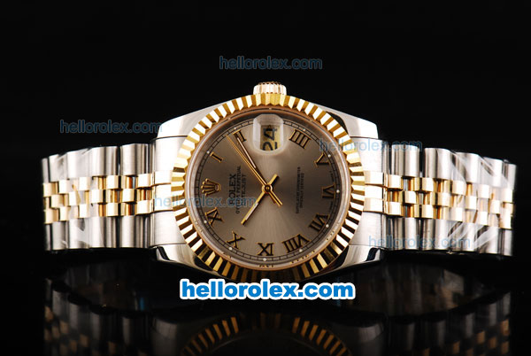 Rolex Datejust Swiss ETA 2836 Automatic Movement Two Tone with Gold Bezel-Grey Dial and Gold Roman Markers-18K Gold Never Fade - Click Image to Close